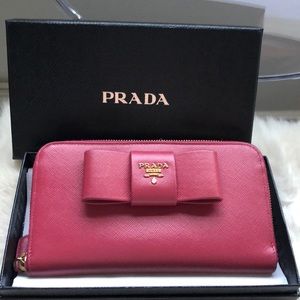 Prada Pink Saffiano Fiocco Bow Zip Around Wallet